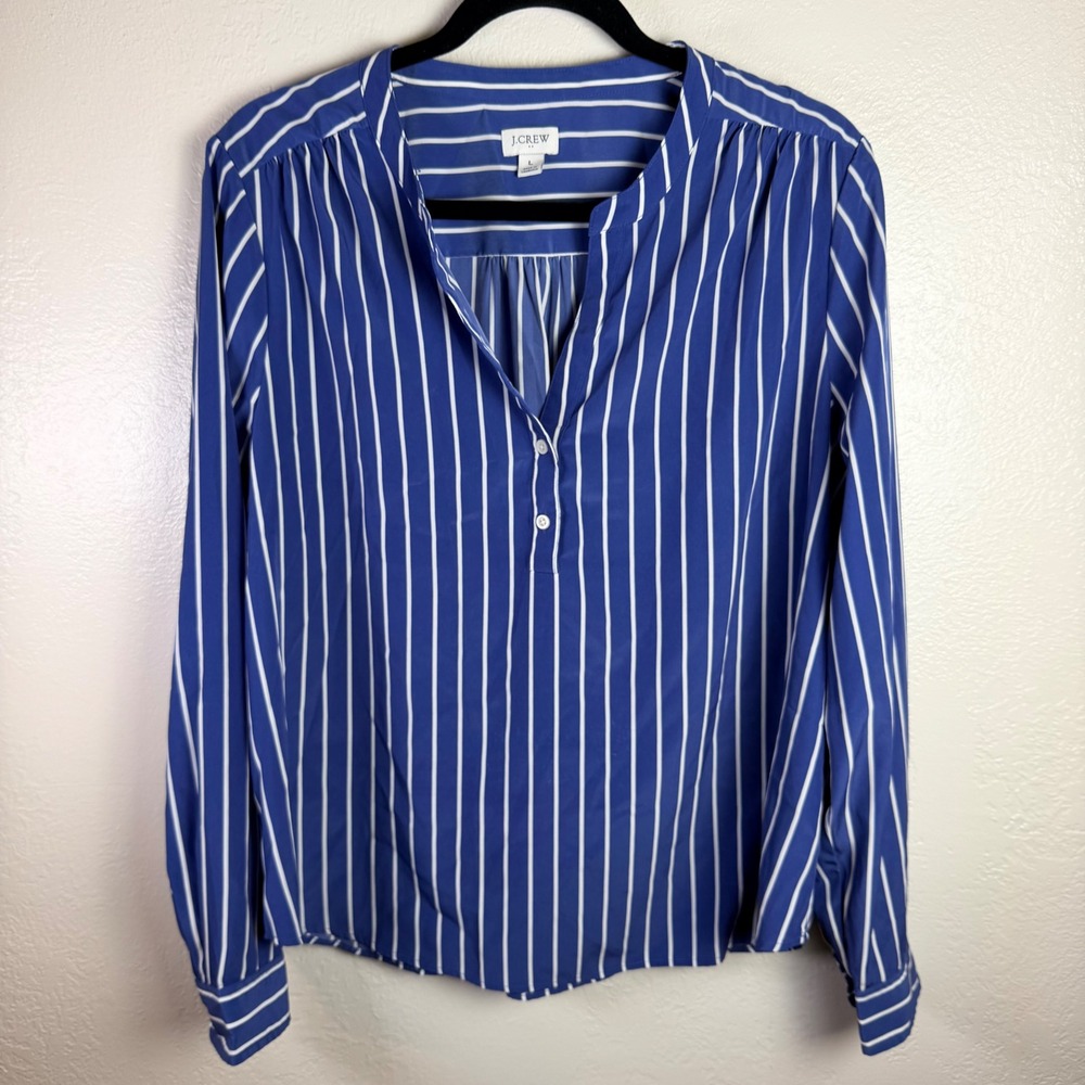 J.Crew Womens L Blue White Striped Split Neck Classic Career Preppy Coastal